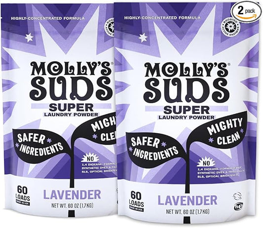 Molly's Suds Super Powder Detergent | Extra Strength Laundry Soap, Stain Fighting | Sensitive Skin | Simple, Effective Ingredients | Lavender, 120 Loads Total (2 Pack)
