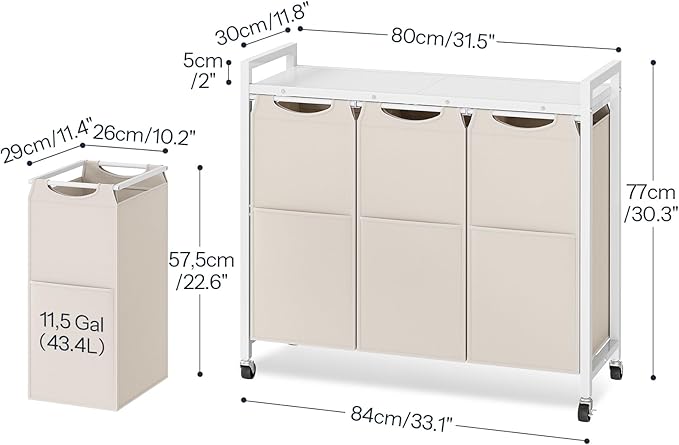HOOBRO Laundry Sorter 3 Section, Laundry Hamper with Wheels, 3 × 11.5 Gal (43.4L), Rolling Laundry Basket, Pull-Out and Removable Oxford Fabric Bags, White WG76XY01