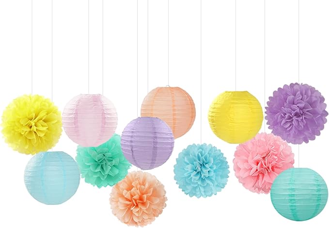 Pastel Rainbow Colorful Party-Decorations Paper Flowers Lanterns - 15PCS Birthday Classroom Baby Shower Tissue Pom Poms Streamers, Macaron Carnival Theme Hanging Supplies Decor Hugfond