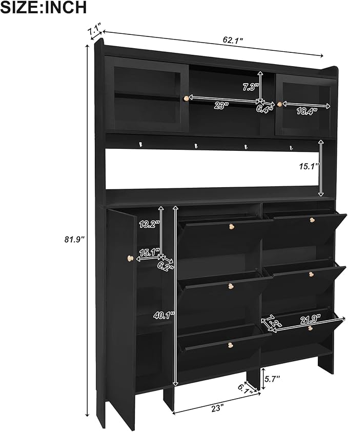 Ball & Cast Tipping Bucket 3-Tier Shoe Cabinet with 6 Flip Drawers and Storage Shelf,Entryway Hall Tree with Tempered Glass Doors and 4 Hooks,for Hallway,Mudroom,Living Room,Black