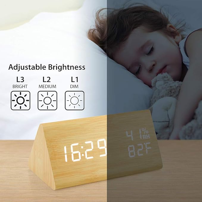 OCT17 Wooden Alarm Clock, Wood Alarm Clock Smart LED Digital Clock for Bedroom/desks, Upgraded with Time Temperature, Adjustable Brightness and Voice Control, Humidity Displaying - Bamboo