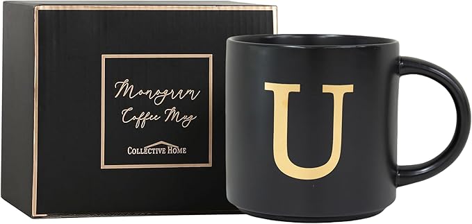COLLECTIVE HOME - Monogram Ceramic Mugs, 15 oz Golden Initial Black Coffee Cups, Elegant Alphabet Tea Mugs, Elegant Personalized Mug with Gift Box, Unique Mug with Double Side Capital Lette (U)