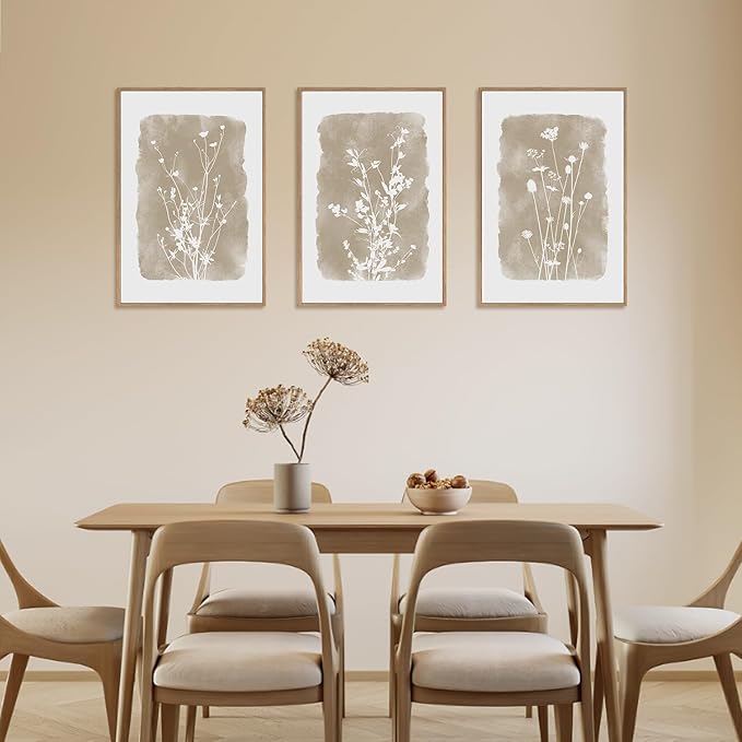 HPINUB Large Boho Wildflowers Canvas Framed Wall Art Set,Minimalist Vintage Flower Wall Decor,Beige Floral Botanical Artwork for Living Room Bedroom,Dining Room,Office -16"x24"x3