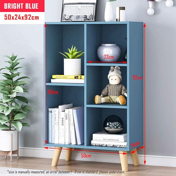 IOTXY Wooden Open Shelf Bookcase - 3-Tier Floor Standing Display Cabinet Rack with Legs, 5 Cubes Bookshelf, Bright Blue