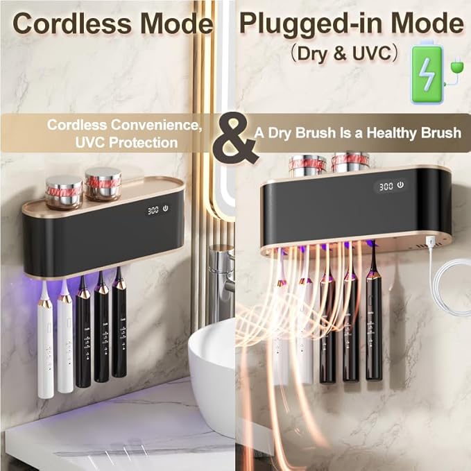 UV Toothbrush Sanitizer Holder for 4 | Wall Mounted Toothbrush Holder for Bathroom with Fan Drying | USB Rechargeable Toothbrush Cleaner & Sterilizer, No Drill Install, Modern Design (Black)