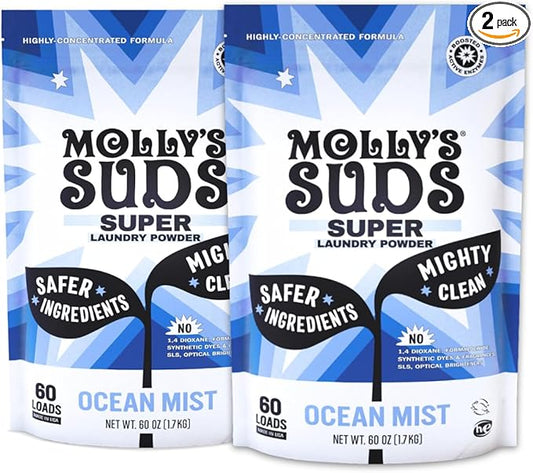 Molly's Suds Super Powder Detergent | Extra Strength Laundry Soap, Stain Fighting | Sensitive Skin | Simple, Effective Ingredients | Ocean Mist, 120 Loads Total (2 Pack)