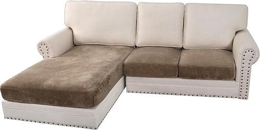 H.VERSAILTEX Velvet Stretch Sectional Couch Covers 3 Pieces Sofa Seat Cushion Covers L Shape Separate Couch Cover for Both Left/Right Sectional Couch (Large Sofa 2 Seater + 1 Chaise, Mocha)
