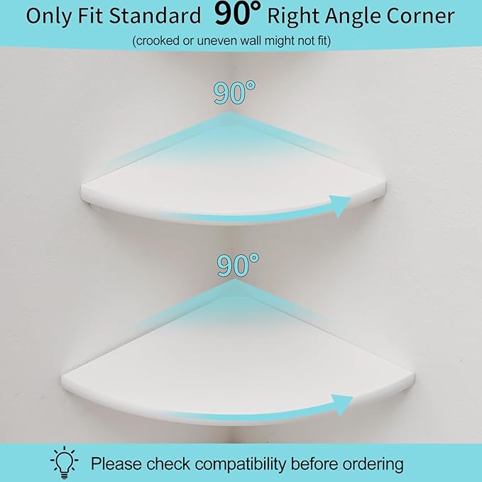 Corner Shelf, White Floating Corner Shelf, Set of 2 7inch Solid Oak Wood Corner Wall Shelves, Round End Wall Mount Display Shelf with Wire Hole for Small Plant for Bedroom Kitchen, Living Room