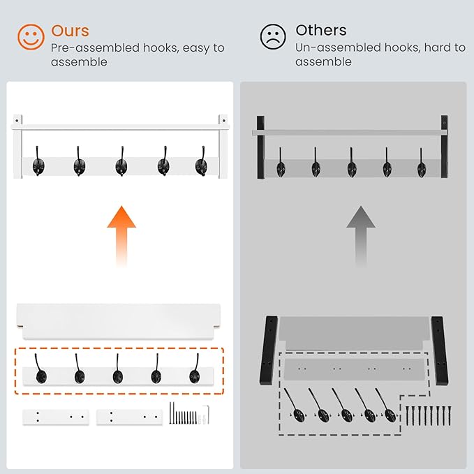 Homode Coat Rack with Wall Shelf and Hooks - 24 Inch Long, Wooden Hanging Coat Hanger with Hat Shelf for Entryway, Bathroom, Mudroom, White