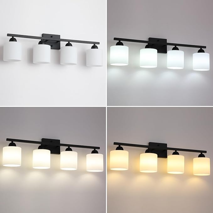 Milk Glass Vanity Lights for Bathroom, 4 Light Matte Black Bathroom Light Fixtures Over Mirror, Ceramic E26 Sockets Wall Mounted
