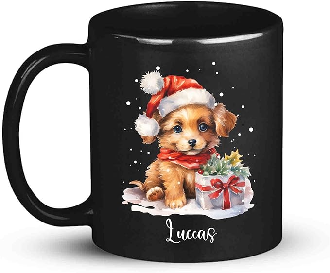 Personalized Name Christmas Puppy Cup - Novelty Coffee Mug 11oz 15oz, Customized Santa Hat Design, Custom Pet Owner Black Ceramic Cup, Gift for Christmas, Puppy Lover