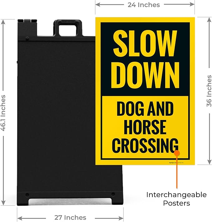 Slow Down Dog and Horse Crossing Sidewalk Sign Kit, 24x36 Inches, with A Frame Stand, Made in USA