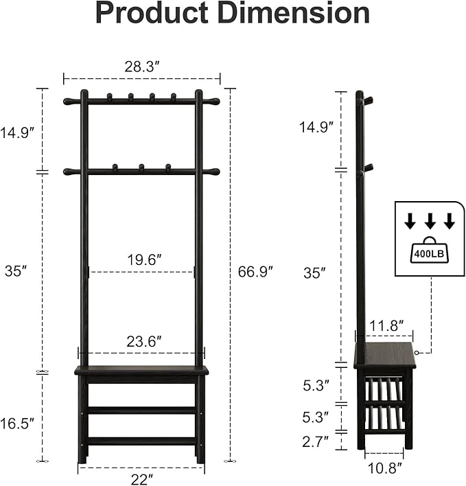 Coat Rack with Shoe Storage, Narrow Wooden Hall Tree with Bench, 11 Hooks and 2-Tier Storage Shelves, 3-in-1, Entryway Bench with Coat Rack (23.6"-Black)