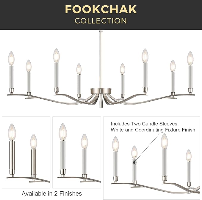 Nickel Chandeliers for Dining Room, 8-Light Chandelier Light Fixture Over Table Modern Candle Chandelier 44in Master Bedroom Chandeliers Lighting for Entry Foyer Bathtub Living Room