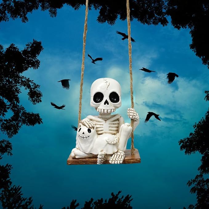 Halloween Resin Skeleton Swing Ornament - Animated Skeleton with Black Cat Figure, Hanging Decor for Tree Wall Garden - Spooky Fun Festival Decor Prop