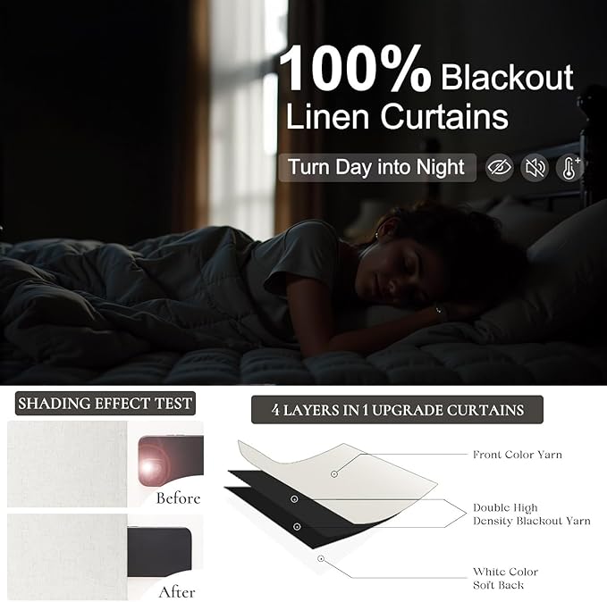 Total Blackout Linen Pleated Curtains with White Backing Back Tab Viral Weather Thermal Insulated Custom Length Curtain for Dining Room Kids Bedroom Noise Cancelling Cream Drape 102 Inch Long 2 Panel