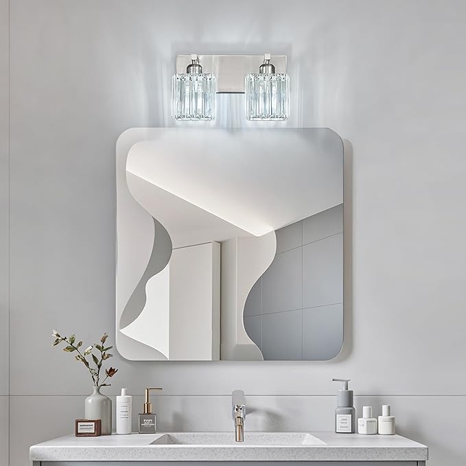 Modern Vanity Light 2-Lights Brushed Nickel Vanity Light Crystal Bathroom Wall Light Bathroom Light Fixtures