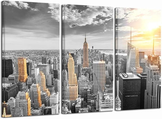 LevvArts Large 3 Piece New York City Canvas Wall Art Modern Black and White NYC at Gold Sunset Picture Prints Cityscape Skyline Poster Framed for Home Office Living Room Decor