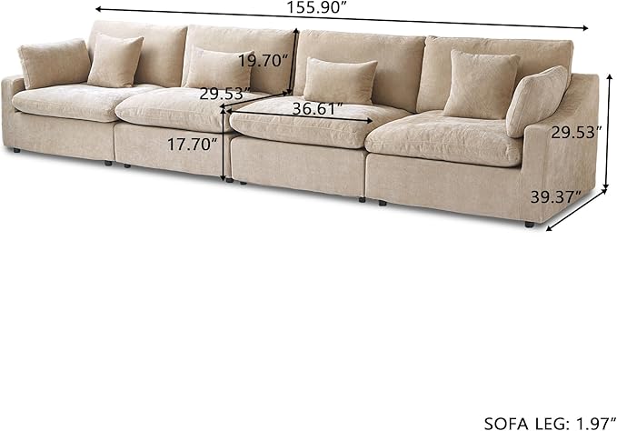 JACH Sectional Couches for Living Room, 4 Seater Cloud Sectional Couch with Deep Seat, Down Filled Modular Sofa, Covers Removeable & Washable, Sofas Furniture for Living Room, Khaki