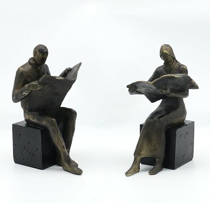Lukitas Decorative Newspaper Reader Bookends, Heavy Duty Book Holder Non-Slip, Vintage Home Décor Accessories for Study Office Bookshelf, Bronze, Resin, 1Pair/2Piece