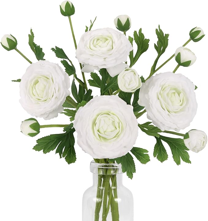 IPOPU 4PCS Real Touch White Ranunculus Artificial Flowers Faux Ranunculus Flowers for Vase Real Look Silk Peonies Fake Peony Flowers for Home Indoor Wedding Centerpieces for Table Decorations (White)