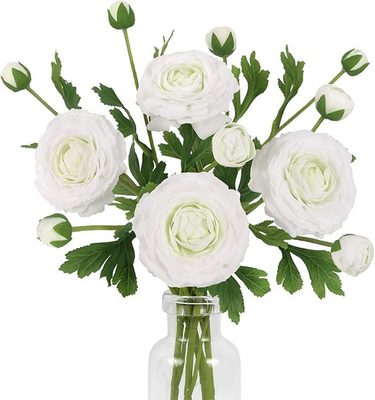 IPOPU 4PCS Real Touch White Ranunculus Artificial Flowers Faux Ranunculus Flowers for Vase Real Look Silk Peonies Fake Peony Flowers for Home Indoor Wedding Centerpieces for Table Decorations (White)
