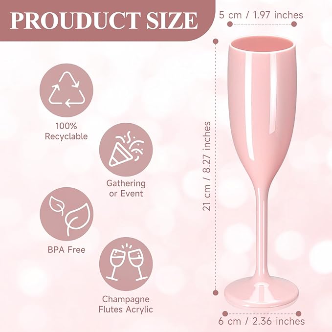 XUWAIDSGN Acrylic Champagne Flutes Toasting Glasses Unbreakable Mimosa Bar Reusable Wine Glasses Vintage Champagne Flutes Stemmed Drinking Cups 5.4 OZ for Christmas Birthday (100, Pink)