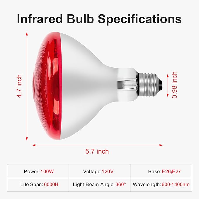 Infrared Bulb Heat Lamp, Red Light Therapy Heat Bulbs, Infrared Light Bulb for Body Suitable for E26/E27 Socket