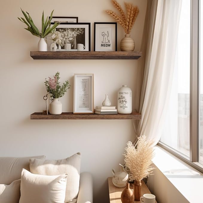 LaVie Home Floating Shelves, 24 Inch Wall Shelf Set of 2, Hanging Shelf with Invisible Brackets, Wall Decor for Bathroom, Bedroom, Living Room, Kitchen Storage, Rustic Brown