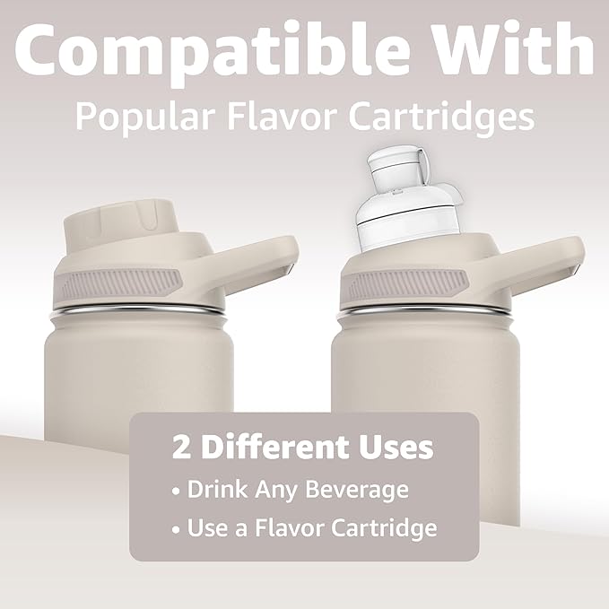 Chill Oasis Water Bottle | Compatible With Popular Flavor Cartridges | BPA Free, Leak Proof, Double-Walled Vacuum Insulated Stainless Steel, and Dishwasher Safe | Cold for 24 Hours (Beige, 32oz)