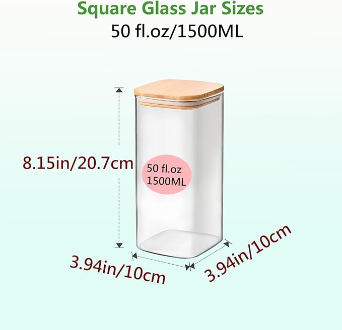 Square Glass Jars Canister with Wood Lid 50 FL OZ [Set of 3], Container Jar with Sealing, Lids for Oat Pasta Flour Cereal Rice Sugar Tea Coffee Beans, Best for Kitchen & Pantry