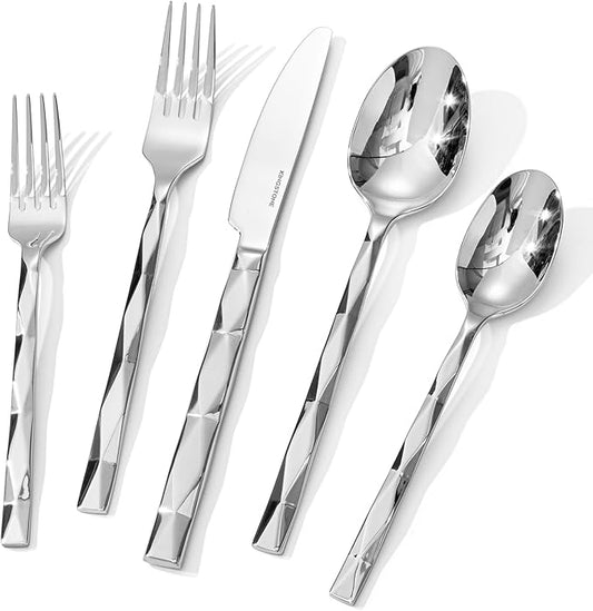 KINGSTONE Silverware Set, Luxury 40 Piece Flatware Set for 8, 18/10 Stainless Steel Cutlery Set with Diamond Cut Pattern for Kitchen, Home, Wedding, Party, Mirror Polished and Dishwasher Safe