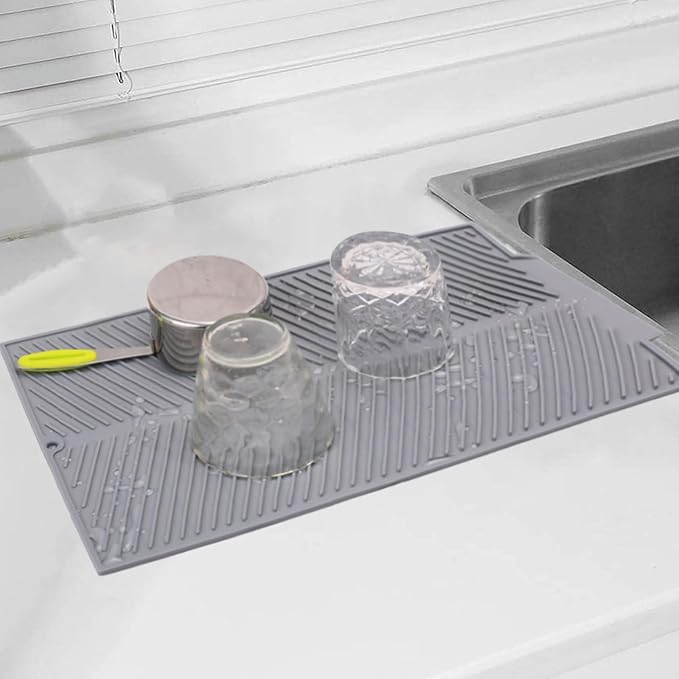 Silicone Dish Drying Mat for Kitchen Counter, 15''x 10'' Drying Mat with Drain Lip, Non-Slip Dish Drainer Mats with Built-in Drain, Heat Resistant Drain Pad on Countertop, Gray