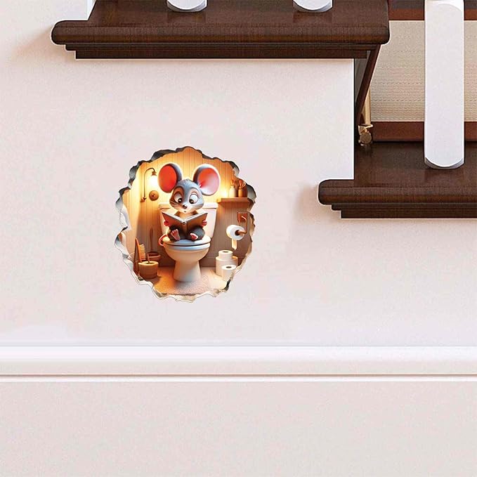 3D Mouse Sitting on Toilet - Mousehole Wall Sticker Decal - Removable Bathroom Decor - Kids Room - Peel & Stick - Whimsical Home Decor - MICESTERPIECE