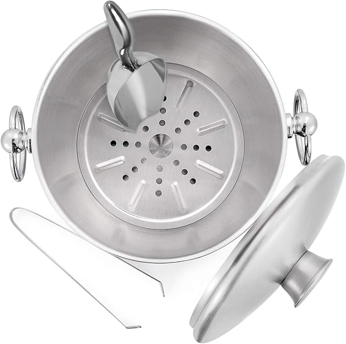 Ice Bucket with Lid, Scoop, Tongs and Strainer - Well Made Insulated Stainless Steel Keep Ice Frozen Longer - Ideal for Cocktail Bar, Parties, Chilling Wine, Champagne - 3 Liter (Stainless Steel)