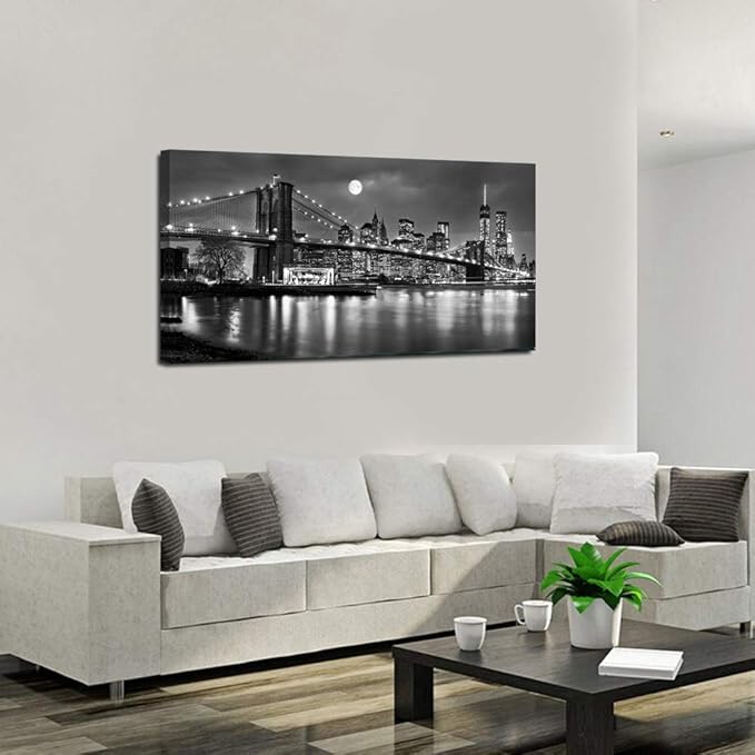 LevvArts - Black and White New York Picture Brooklyn Bridge Canvas Wall Art Full Moon Night Manhattan City Poster Canvas Print Framed Gallery Wrapped Modern Home Office Decoration