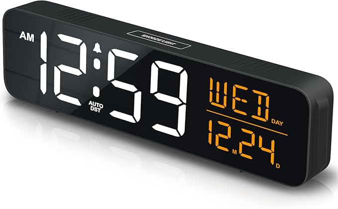 Peakeep Digital Alarm Clock Large Display for Bedrooms with Calendar, Auto DST, Desk Clock Electric Plug in for Living Room, Battery Backup, USB Port, 5 Dimmers