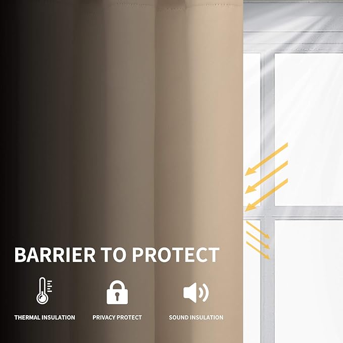 Easy-Going Blackout Curtains for Bedroom, Solid Thermal Insulated Grommet and Noise Reduction Window Drapes, Room Darkening Curtains for Living Room, 2 Panels (52x84 in,Beige)