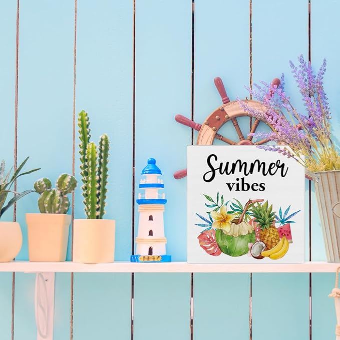 Oqtumes Summer Vibes Decorations Fruit Wooden Sign Rustic Home Decor 5 x 5 Inches