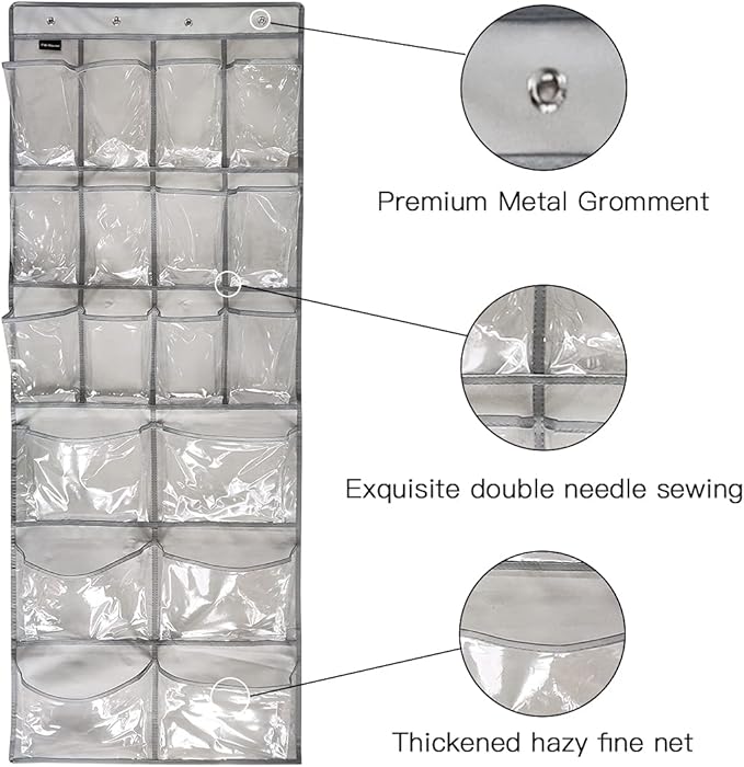 Extra Large Hanging Crystal Clear Over Door Shoe Organizer, Closet Shoe Rack with 12+6 Pockets, 8 Hooks, Grey (59"x 21.6")