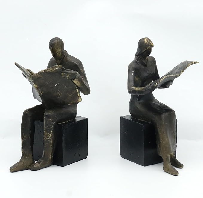 Lukitas Decorative Newspaper Reader Bookends, Heavy Duty Book Holder Non-Slip, Vintage Home Décor Accessories for Study Office Bookshelf, Bronze, Resin, 1Pair/2Piece