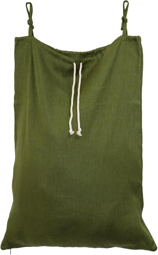Linen Hanging Laundry Bag, Over The Door Laundry Hamper for Dirty Clothes, Drawstring Closure with Bottom Zipper, Army Green