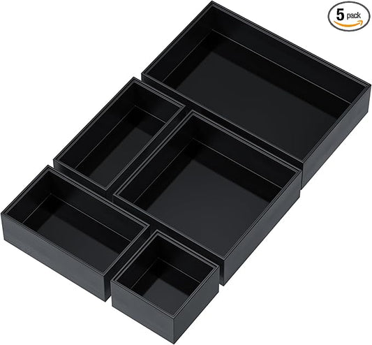 Bamboo Drawer Organizer Set, 5 PCS Multi-use Varied Sizes Junk Drawer Organizer Kitchen Storage Box for Office, Home, Bedroom, Bathroom, Black