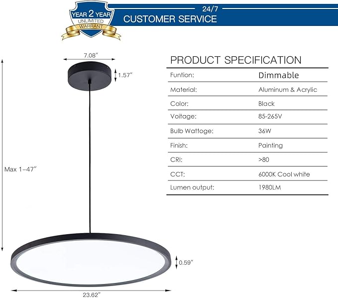 MADEM Modern LED Pendant Light 23.6'' Disc Chandelier Hanging Lighting Fixture with Acrylic Shape Dimmable Office Chandelier 6000K for Office Room Football Bedroom Decor Kitchen Island, Black