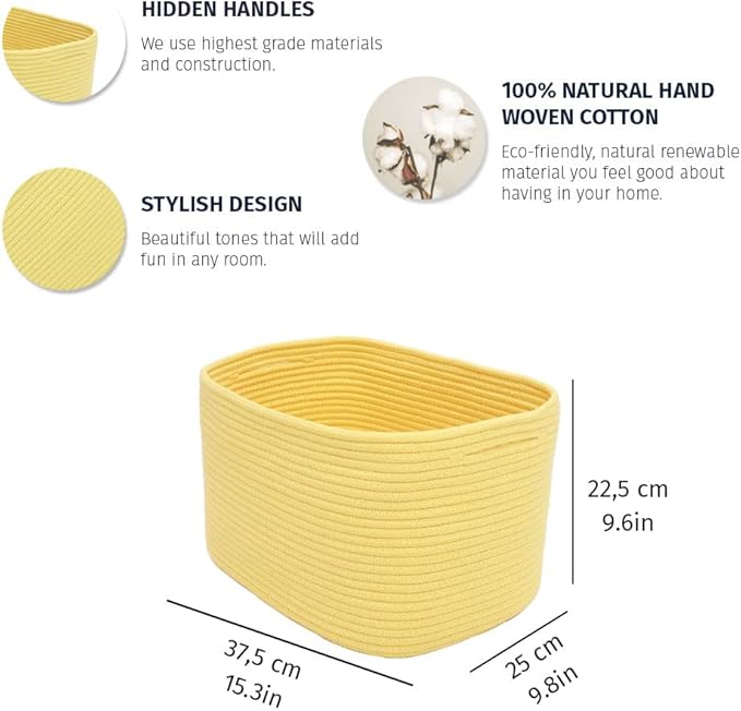 OrganiHaus Yellow Basket for Shelves, Decorative Cloth for Organizing, Cotton Rope Storage Basket for Toys, Small Woven Baskets for Storage