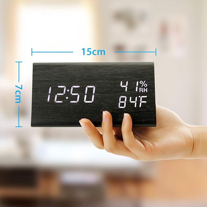 OCT17 Wooden Alarm Clock, Smart LED Digital Clock for Bedroom/desks, Upgraded with Time Temperature, Adjustable Brightness and Voice Control, Humidity Displaying - Black