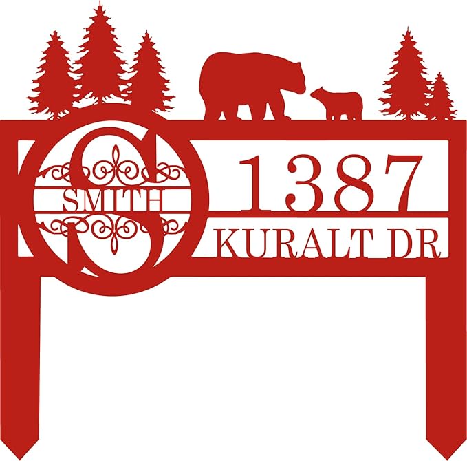 Personalized Custom Bear Wildlife Decor with Metal Stake - Address House Number Name Sign for Farmhouse, Yard, Camping