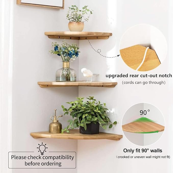 Corner Shelf, 7inch Solid Oak Wood Floating Corner Shelf Wall Mount Round End Floating Speaker Shelves with Wire Hole for Small Plant Photo Frame for Bedroom Kitchen, Living Room