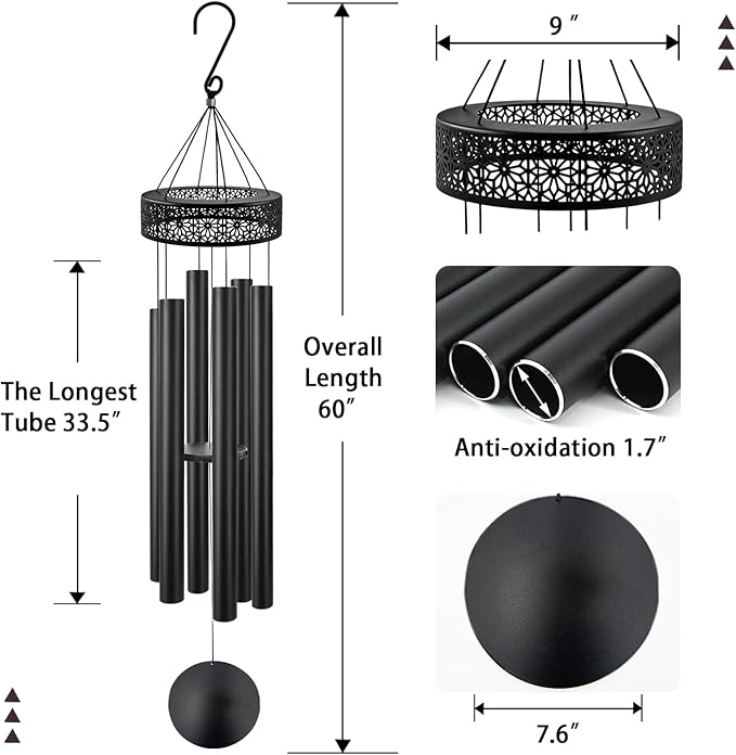 ASTARIN 60'' Deep Tone Wind Chimes for Outside -Extra Large Windchimes with 6 Heavy Tubes, Memorial Wind Chimes Outdoor for Garden Hanging Décor,Sympathy Gifts, Black