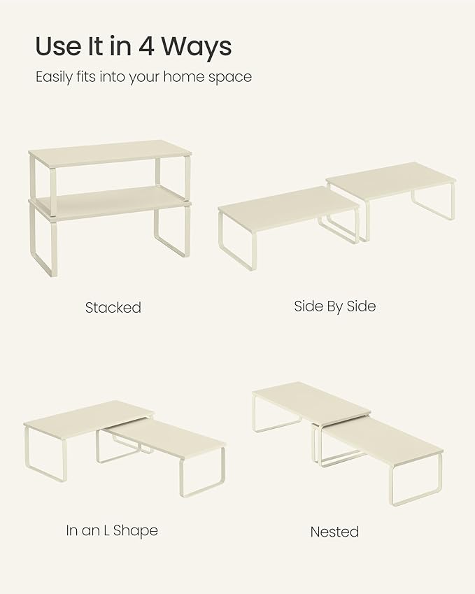 SONGMICS Cabinet Organizer Shelf, Set of 2 Kitchen Counter Shelves, Kitchen Storage, Spice Rack, Stackable, Expandable, Metal and Engineered Wood, Cream White UKCS200W02